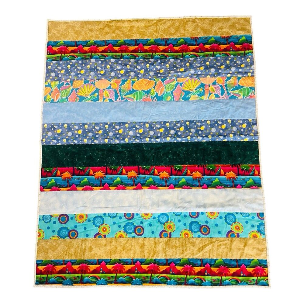 Handmade Patchwork Strip Quilt 40x51 Tropical Palm Trees Seashells Colorful